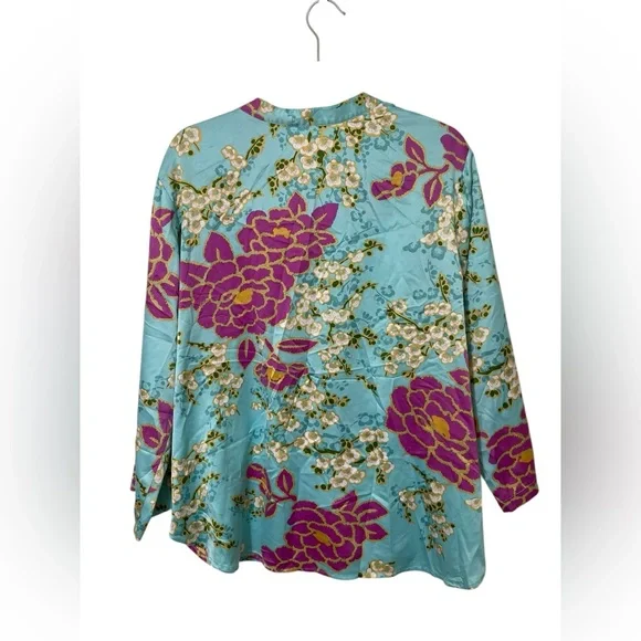 Natori Harumi Satin Pajama-Top Pull-Over Long Sleeve Floral Multicolor Women L - Picture 3 of 8
